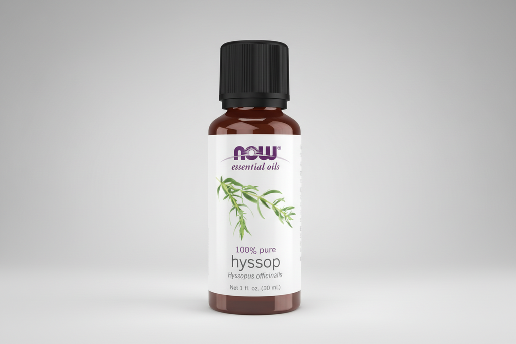 Bottle of NOW essential oils hyssop on a white background
