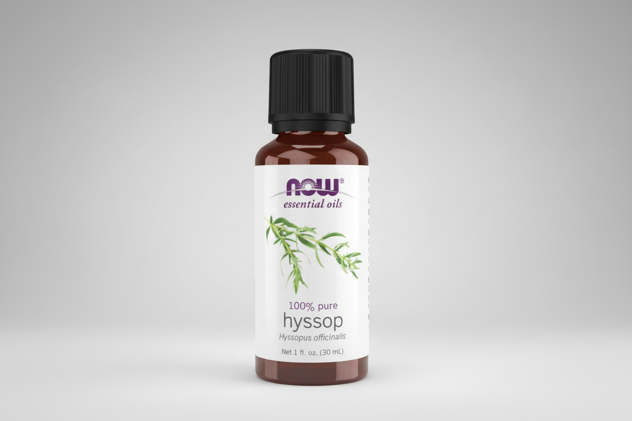 Bottle of NOW essential oils hyssop on a white background