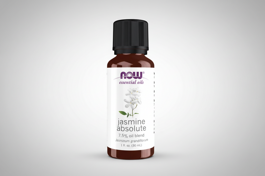 Bottle of NOW Jasmine Absolute essential oil on a white background