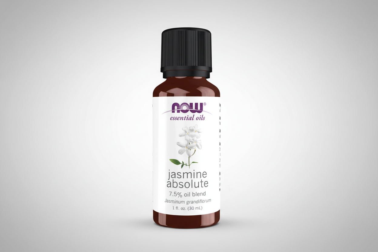 Bottle of NOW Jasmine Absolute essential oil on a white background
