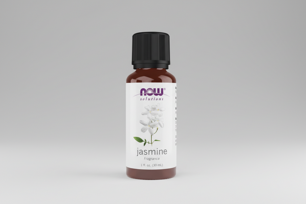 Bottle of NOW Solutions Jasmine fragrance on a white background