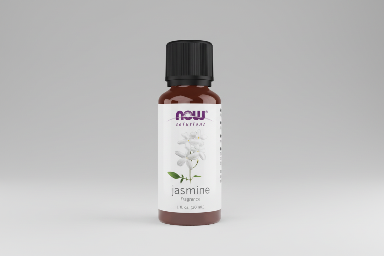 Bottle of NOW Solutions Jasmine fragrance on a white background