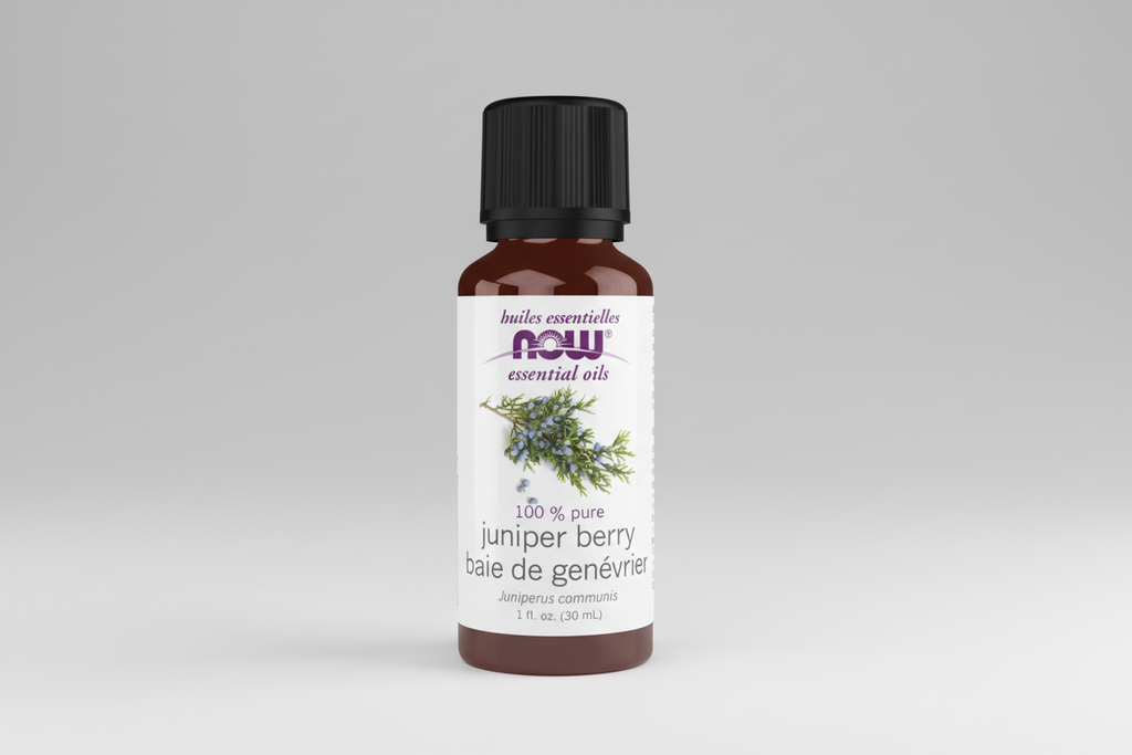 Bottle of NOW Essential Oils Juniper Berry oil on a white background