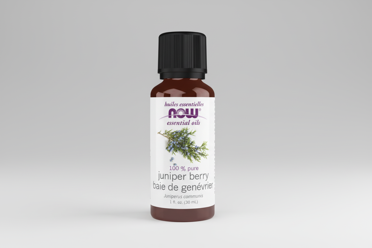 Bottle of NOW Essential Oils Juniper Berry oil on a white background