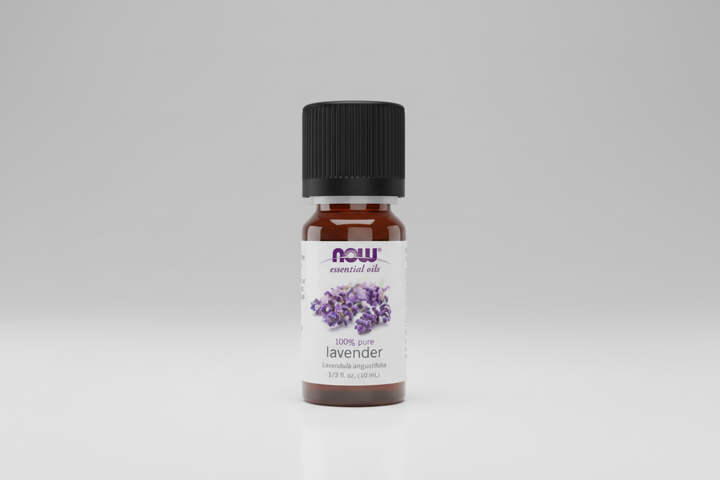 Bottle of NOW Essential Oils lavender oil on a white background