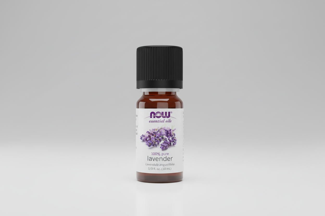 Bottle of NOW Essential Oils lavender oil on a white background
