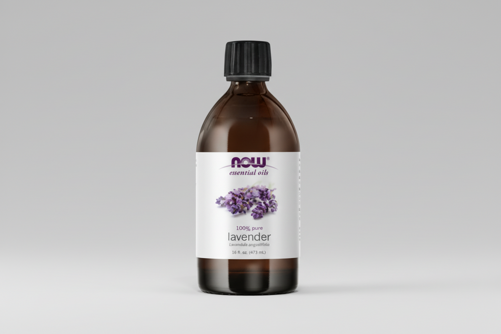 Bottle of NOW Essential Oils lavender oil on a white background