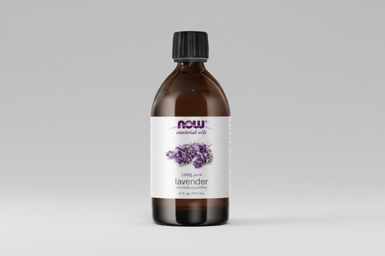 Bottle of NOW Essential Oils lavender oil on a white background