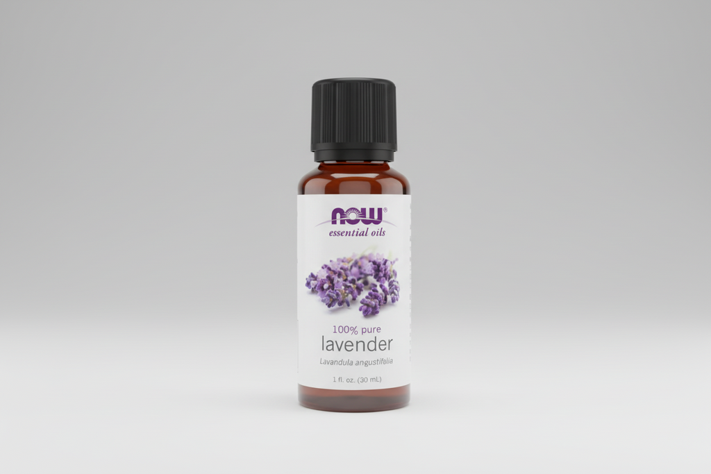 Bottle of NOW Essential Oils lavender oil on a white background