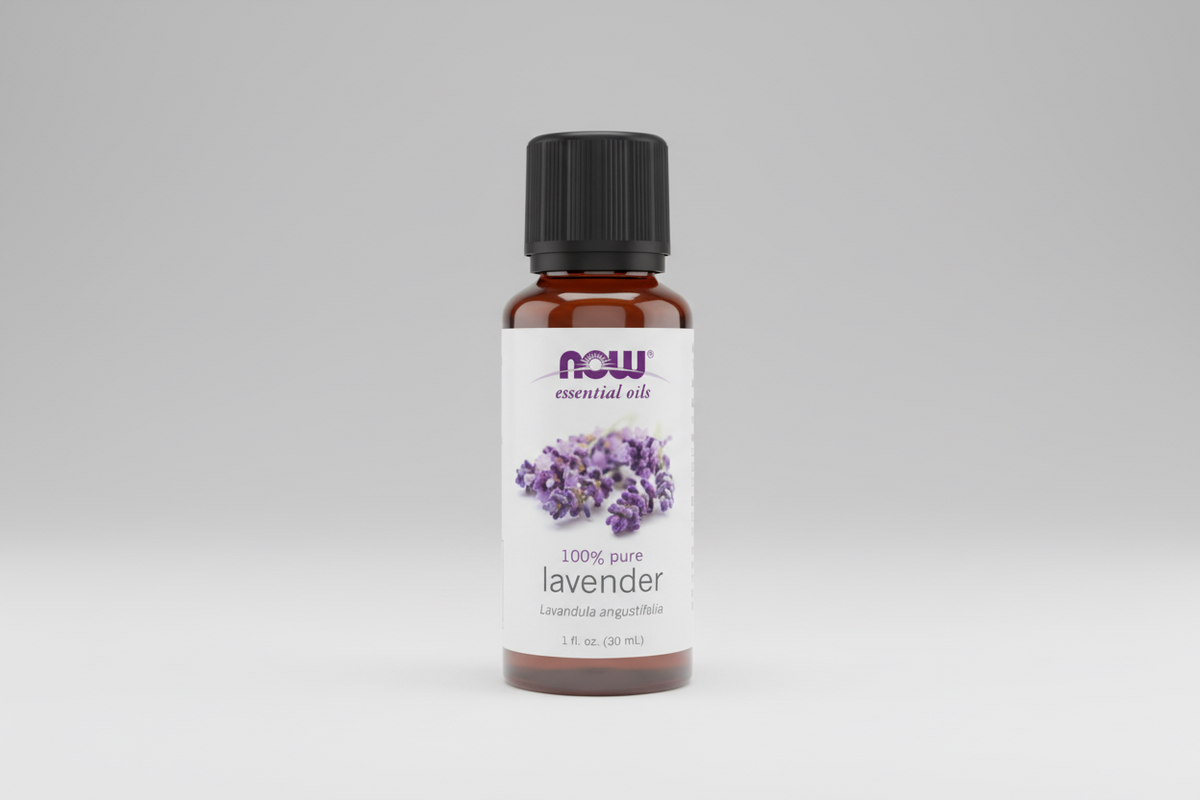 Bottle of NOW Essential Oils lavender oil on a white background