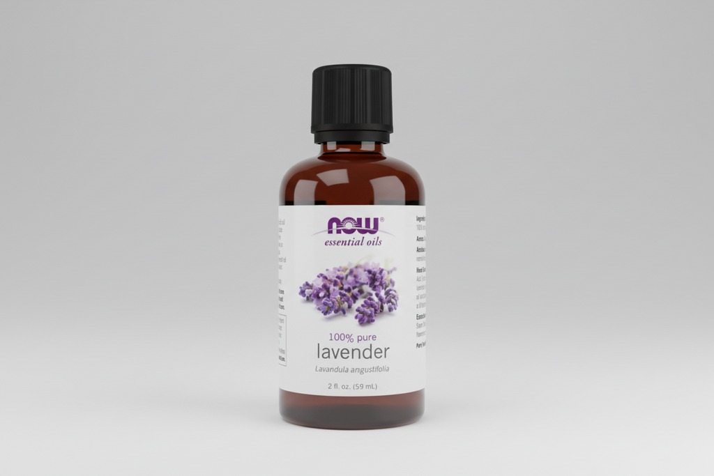 Bottle of NOW Essential Oils lavender oil on a white background