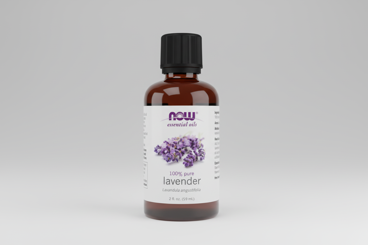 Bottle of NOW Essential Oils lavender oil on a white background