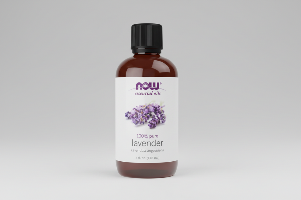 Bottle of NOW Essential Oils lavender oil on a white background