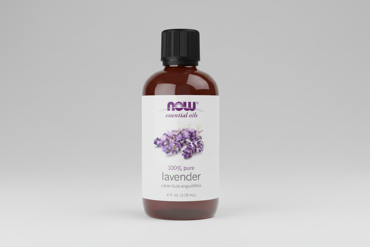 Bottle of NOW Essential Oils lavender oil on a white background