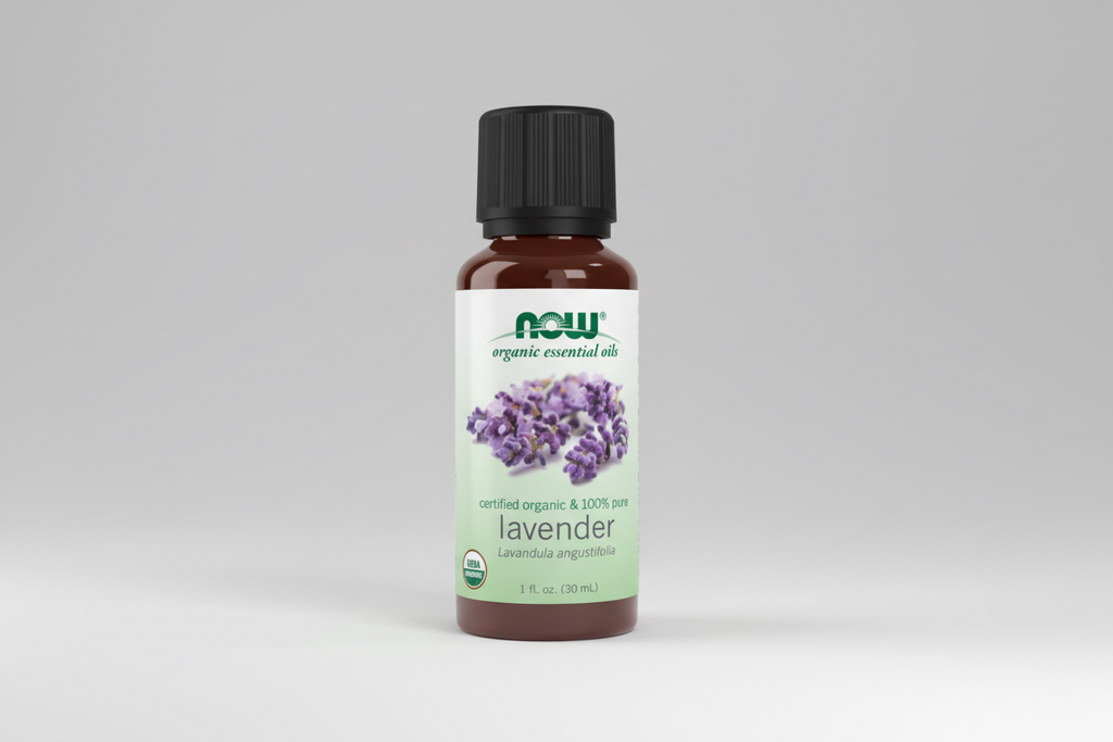 Bottle of NOW Lavender essential oil on a white background