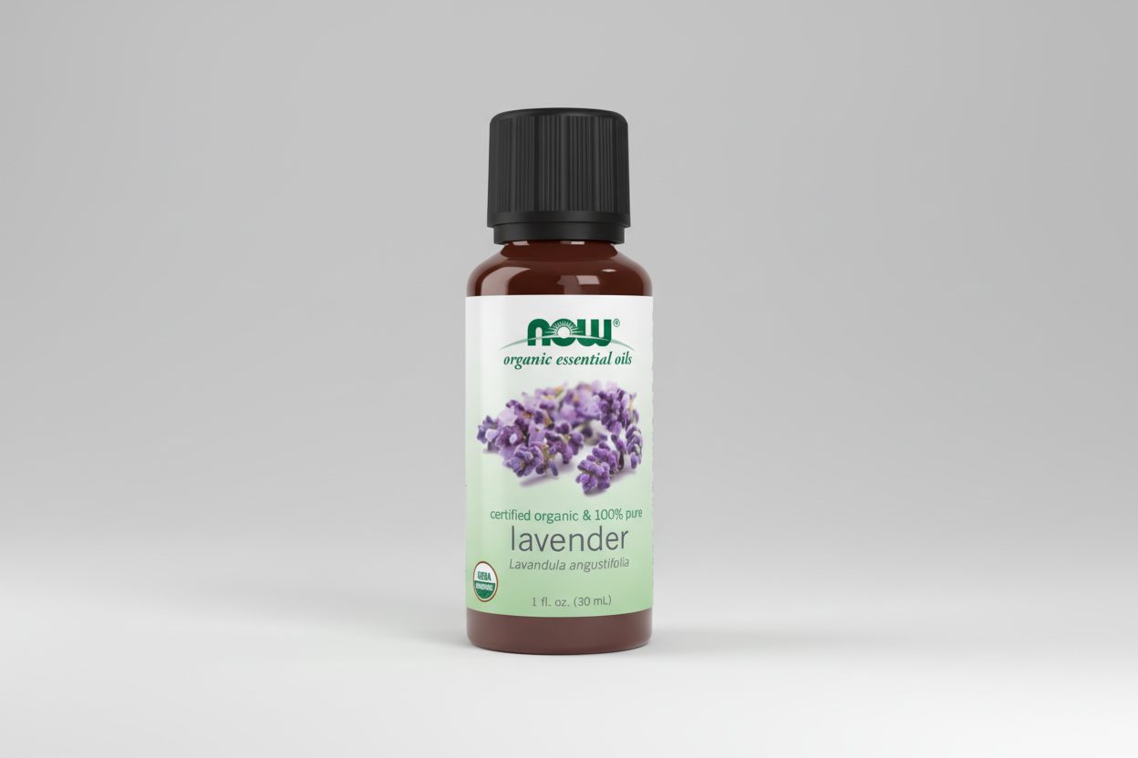 Bottle of NOW Lavender essential oil on a white background