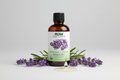 Bottle of NOW Lavender essential oil on a white background