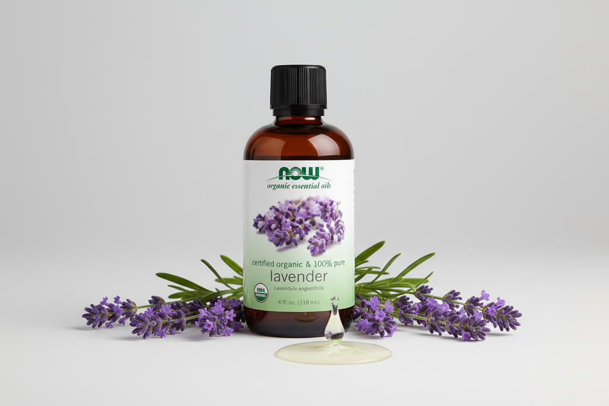 Bottle of NOW Lavender essential oil on a white background