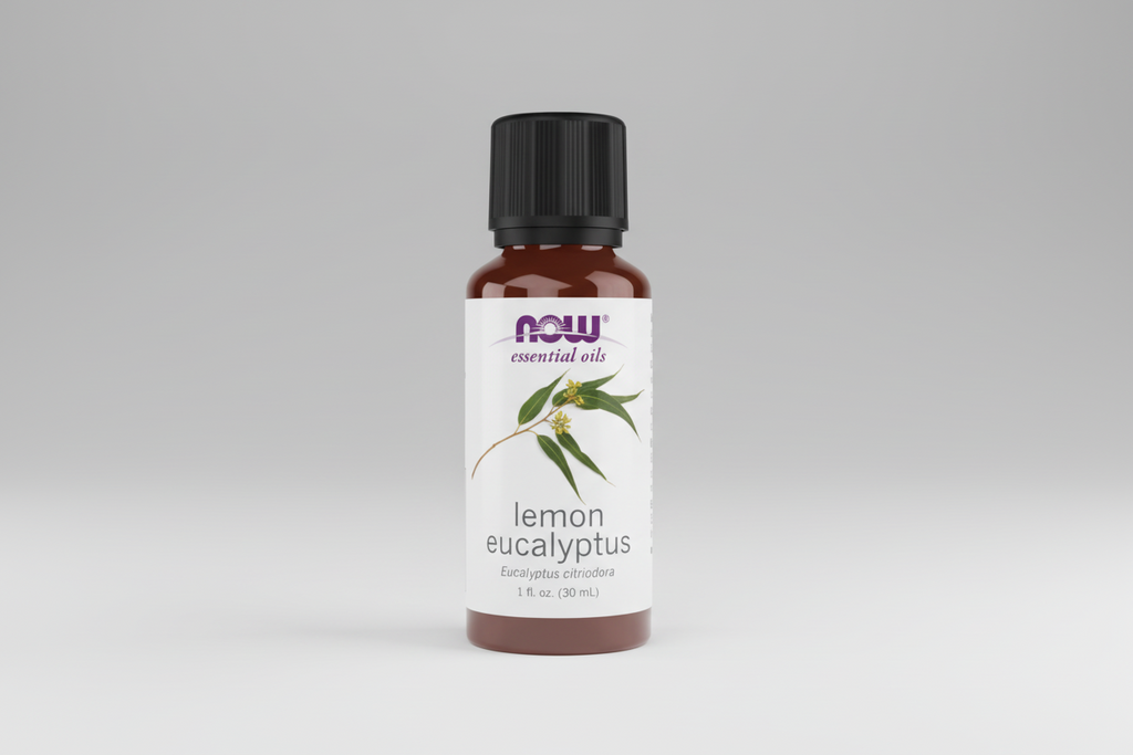 Bottle of NOW Lemon Eucalyptus essential oil on a white background