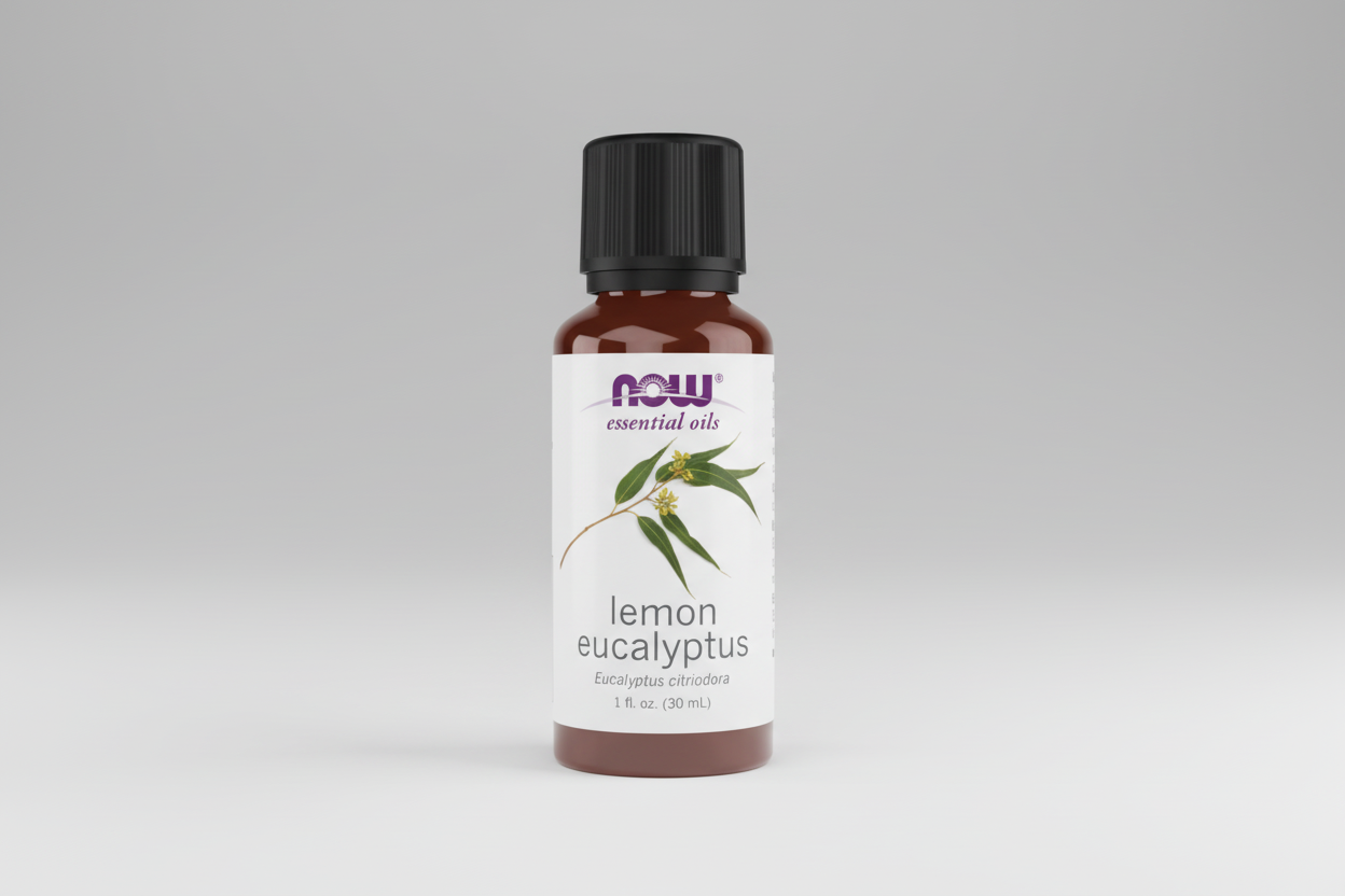 Bottle of NOW Lemon Eucalyptus essential oil on a white background