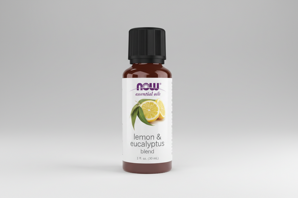 Bottle of NOW Lemon & Eucalyptus blend essential oil on a white background