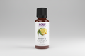 Bottle of NOW Lemon & Eucalyptus blend essential oil on a white background