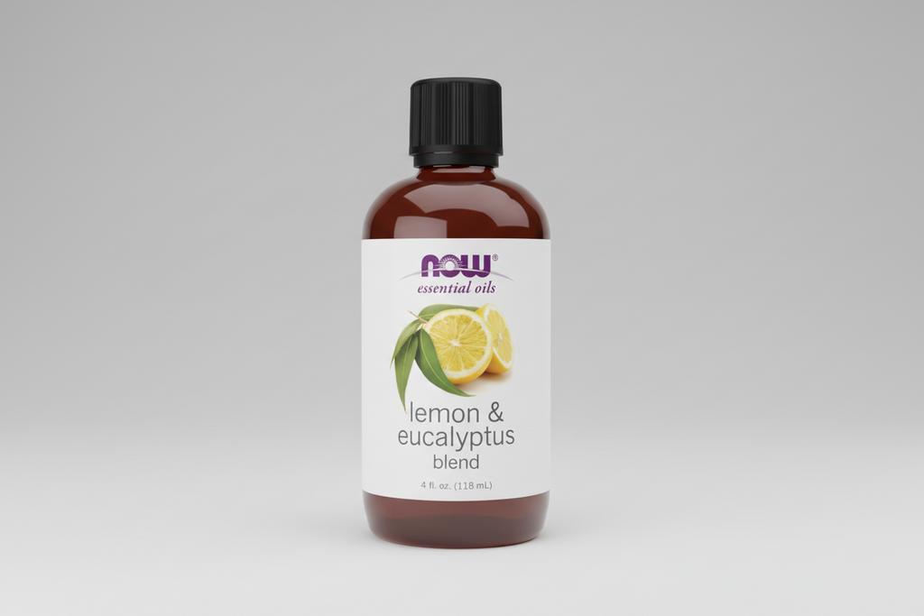 Bottle of NOW Lemon & Eucalyptus essential oil blend on a white background