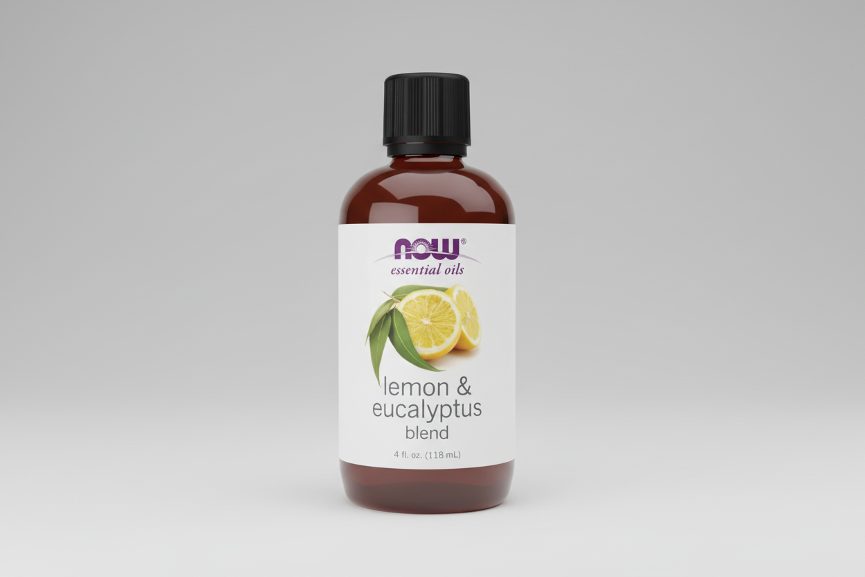 Bottle of NOW Lemon & Eucalyptus essential oil blend on a white background