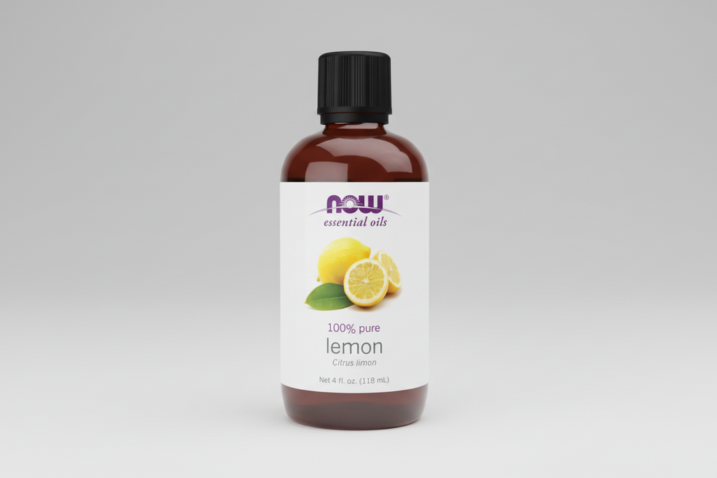 Bottle of NOW Essential Oils lemon oil on a white background