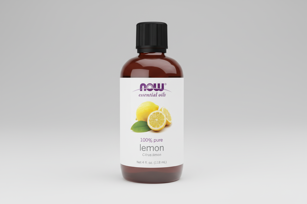 Bottle of NOW Essential Oils lemon oil on a white background