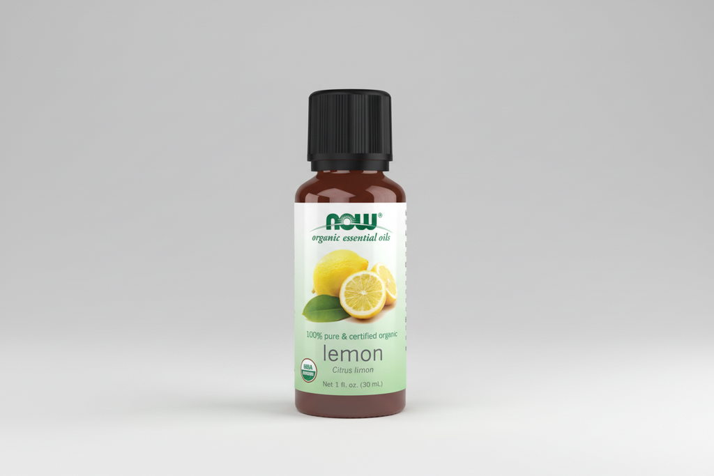 Bottle of NOW Organic Lemon Essential Oil on a white background