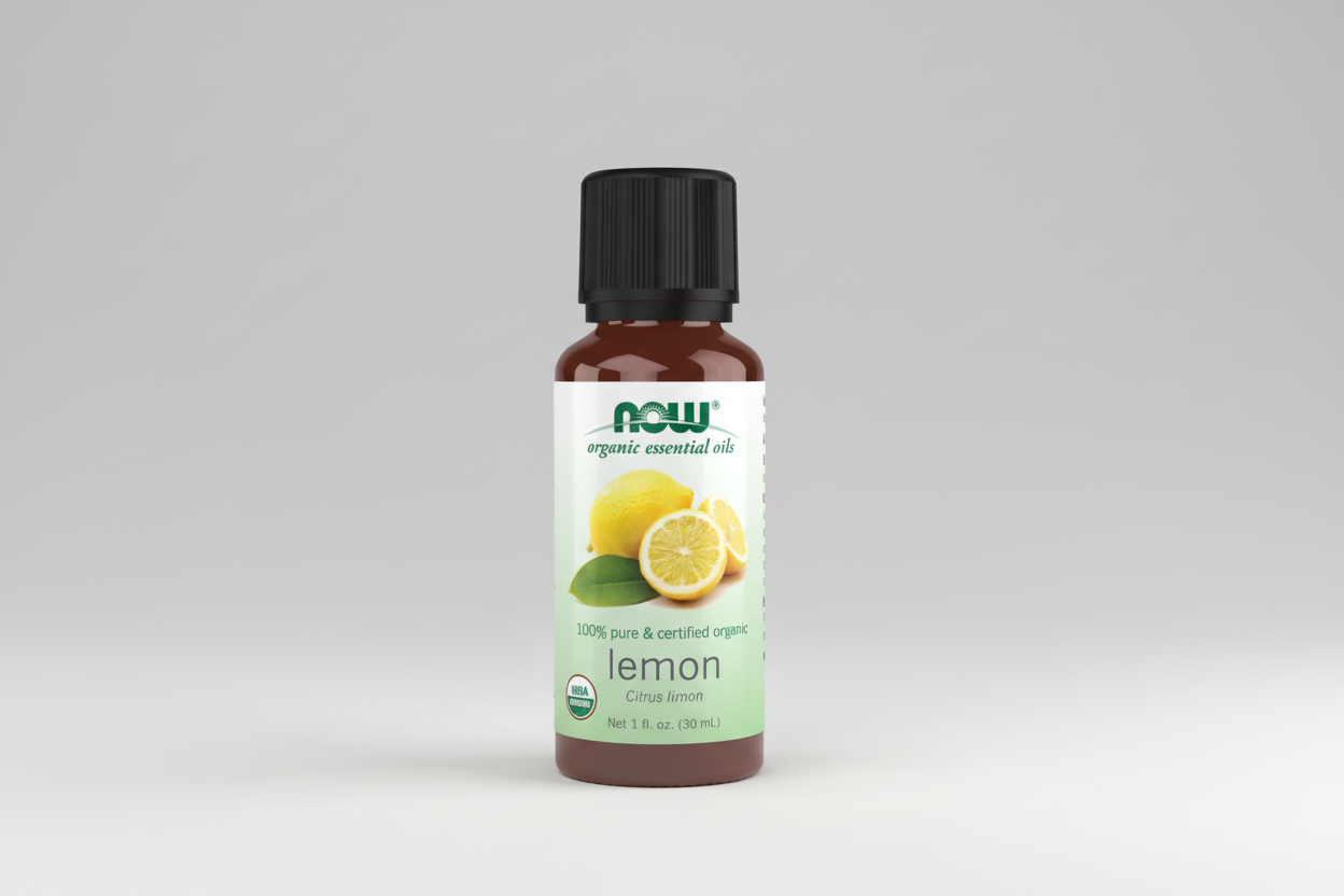 Bottle of NOW Organic Lemon Essential Oil on a white background