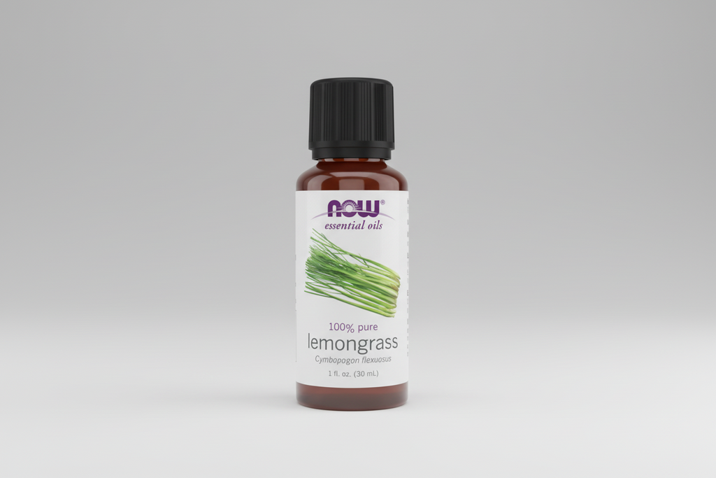 Bottle of NOW Essential Oils lemongrass oil on a white background