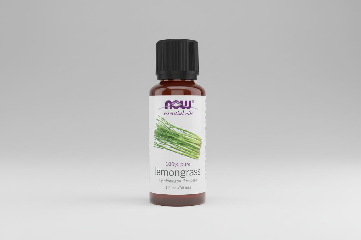 Bottle of NOW Essential Oils lemongrass oil on a white background
