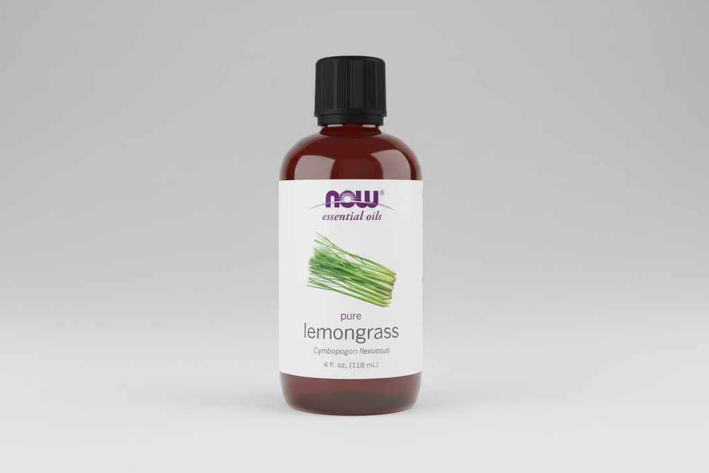 Bottle of NOW Essential Oils pure lemongrass oil on a white background