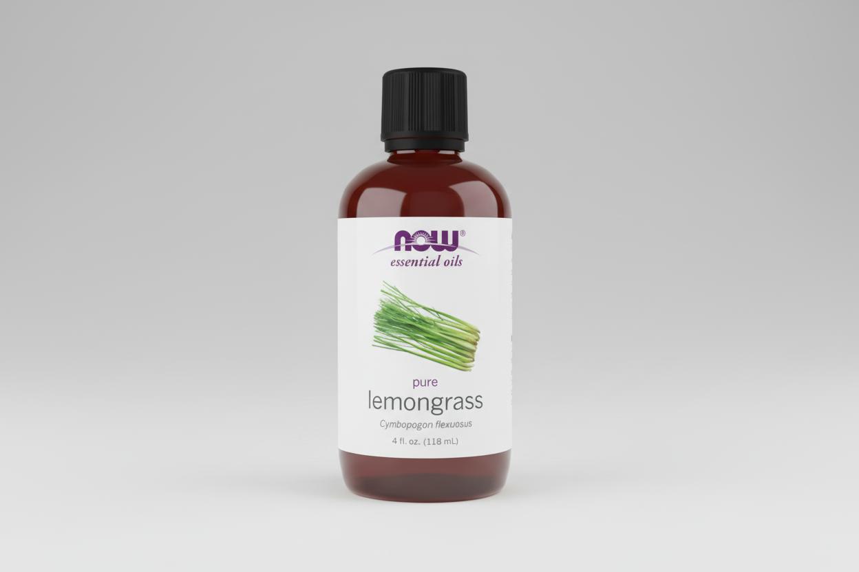 Bottle of NOW Essential Oils pure lemongrass oil on a white background