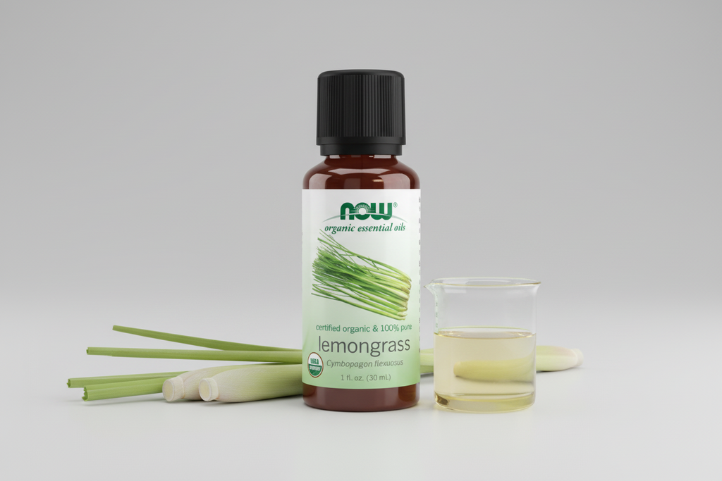 Bottle of NOW Organic Essential Oils Lemongrass on a white background