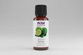 Bottle of NOW Essential Oils lime oil on a white background