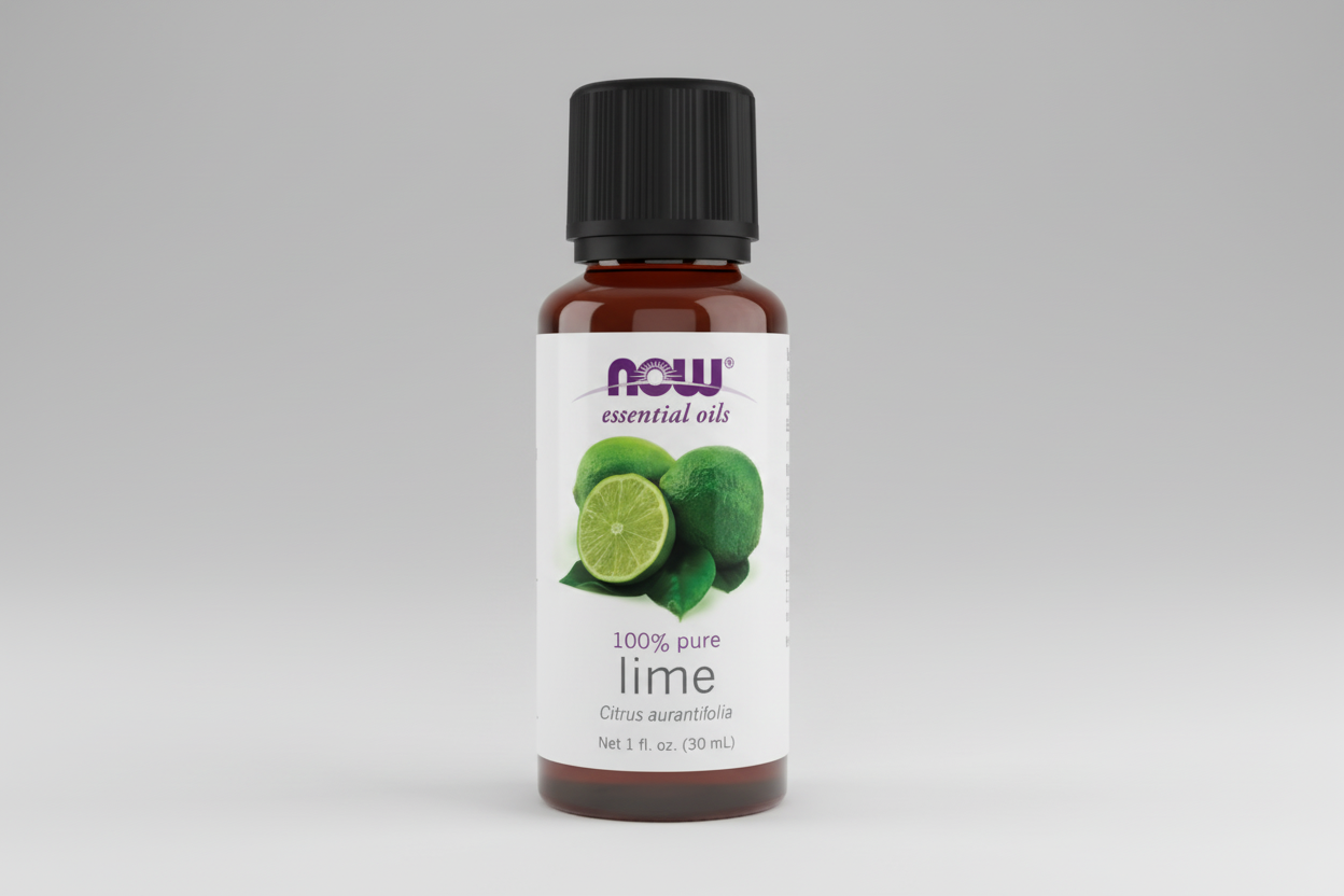 Bottle of NOW Essential Oils lime oil on a white background