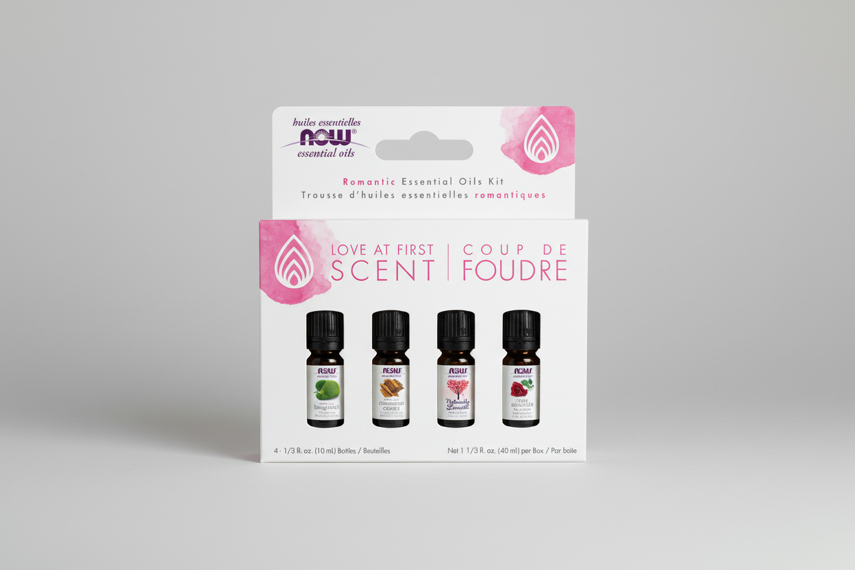Now Essential Oils Romantic Essential Oils Kit packaging with four bottles on a white background
