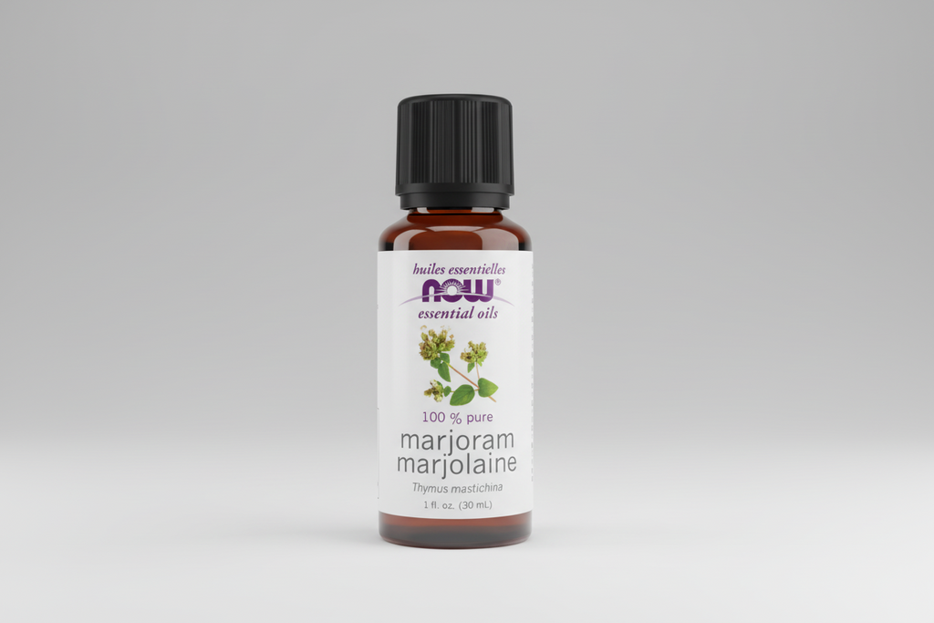 Bottle of NOW Essential Oils marjoram oil on a white background
