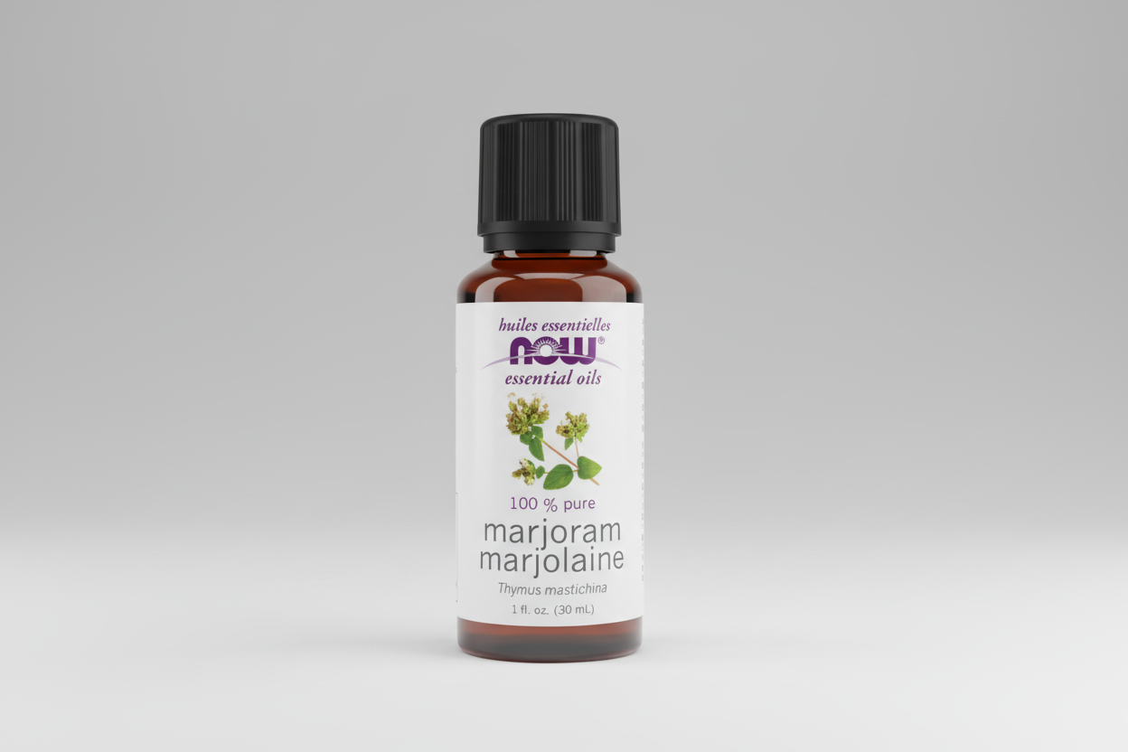 Bottle of NOW Essential Oils marjoram oil on a white background