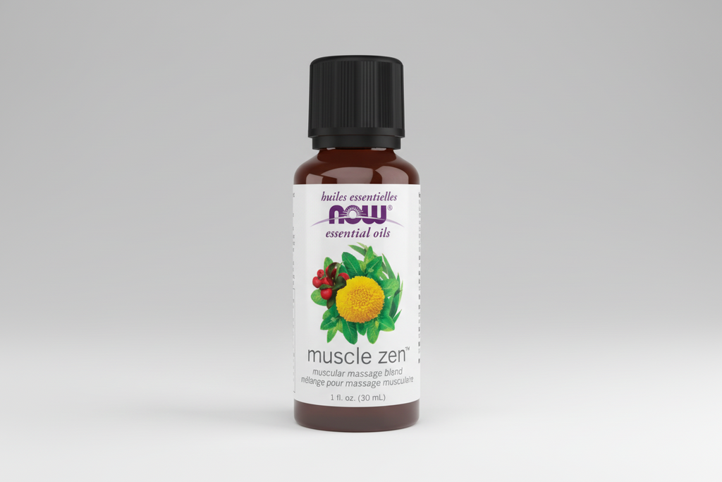 Bottle of NOW Essential Oils Muscle Zen on a white background
