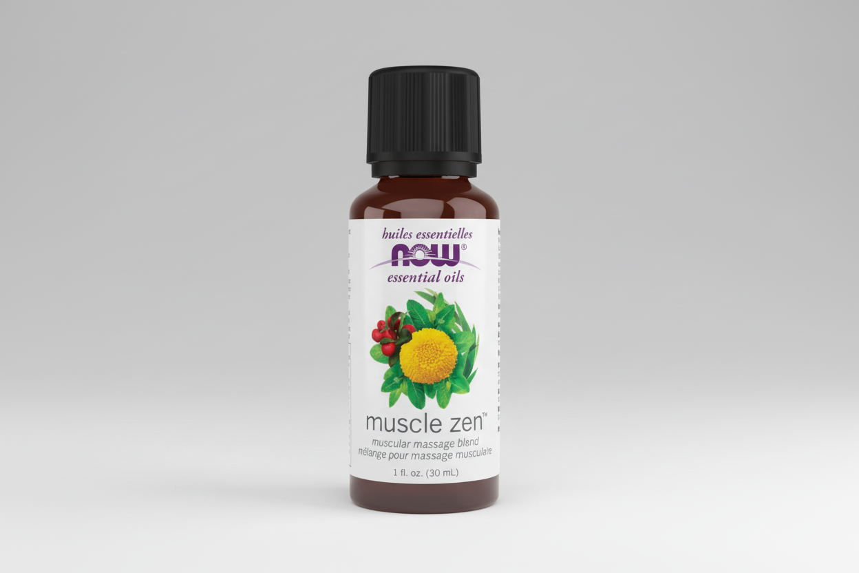Bottle of NOW Essential Oils Muscle Zen on a white background
