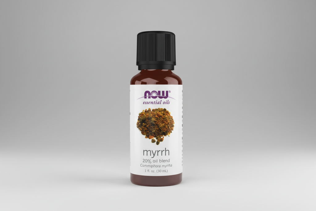 Bottle of NOW Myrrh essential oil blend on a white background