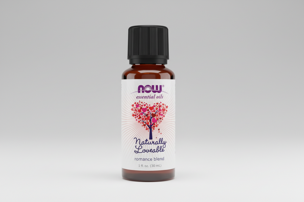 Bottle of NOW Essential Oils Naturally Loveable romance blend on a white background