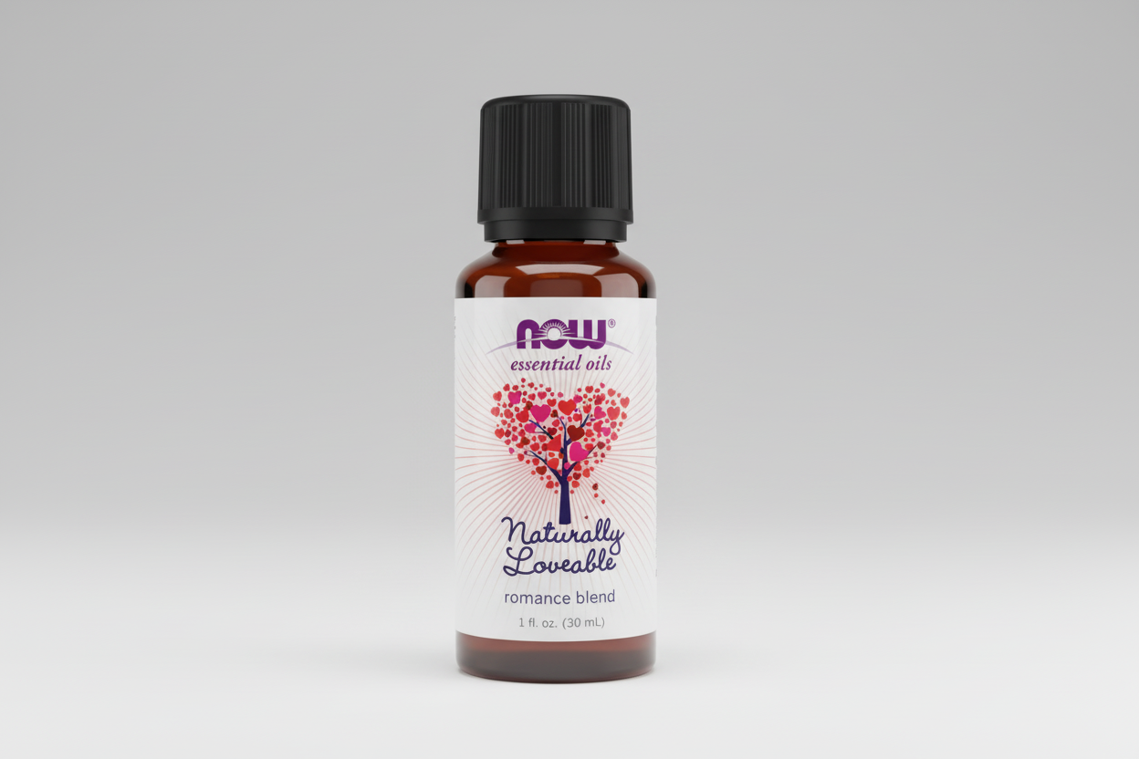 Bottle of NOW Essential Oils Naturally Loveable romance blend on a white background