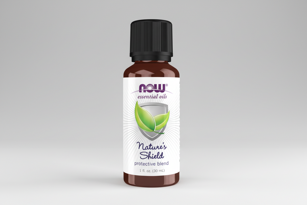 Bottle of NOW Essential Oils Nature's Shield on a white background