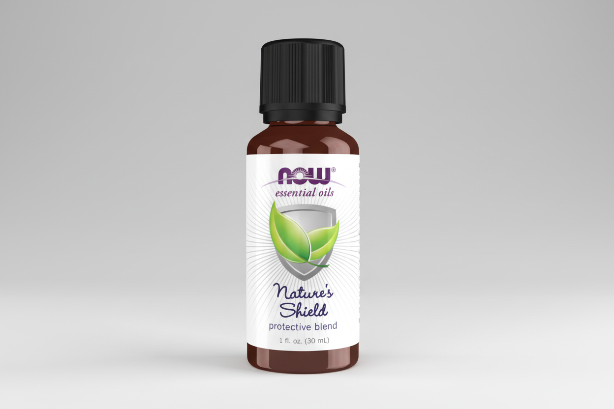 Bottle of NOW Essential Oils Nature's Shield on a white background