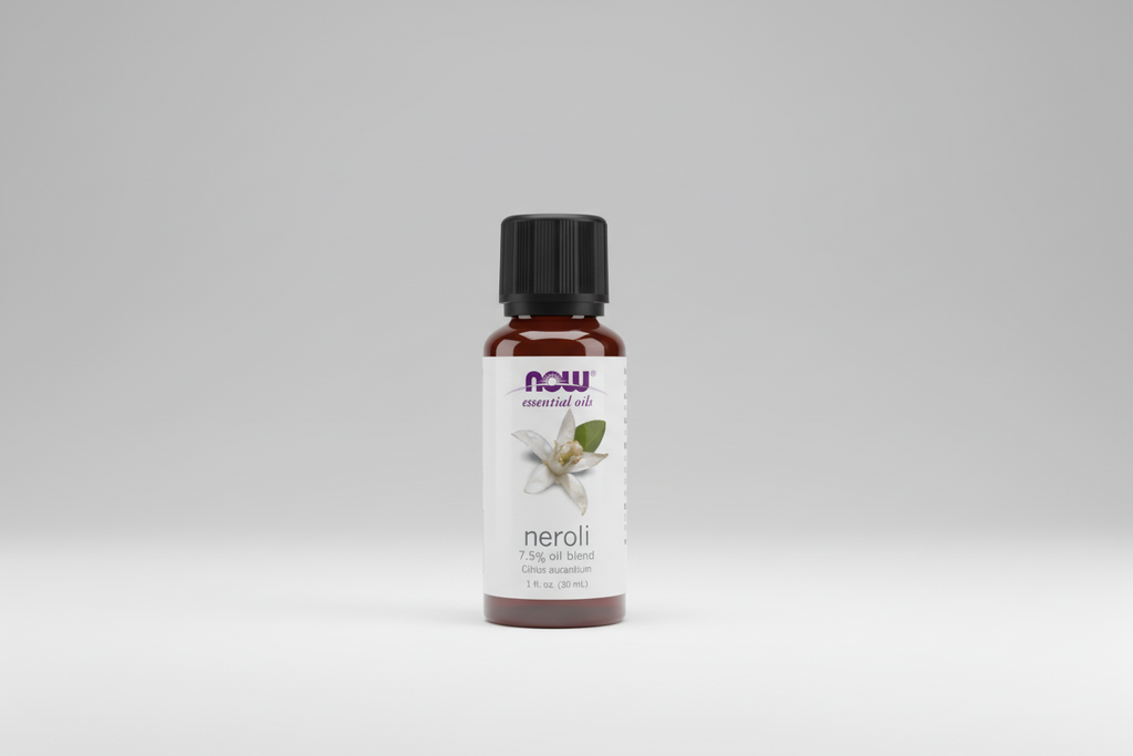 Bottle of NOW Essential Oils Neroli oil blend on a white background